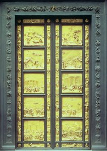 De Poorten van het Paradijs (Oostdeuren) bestaande uit 10 reliëfpanelen die scènes uit het Oude Testament uitbeelden 1425-52